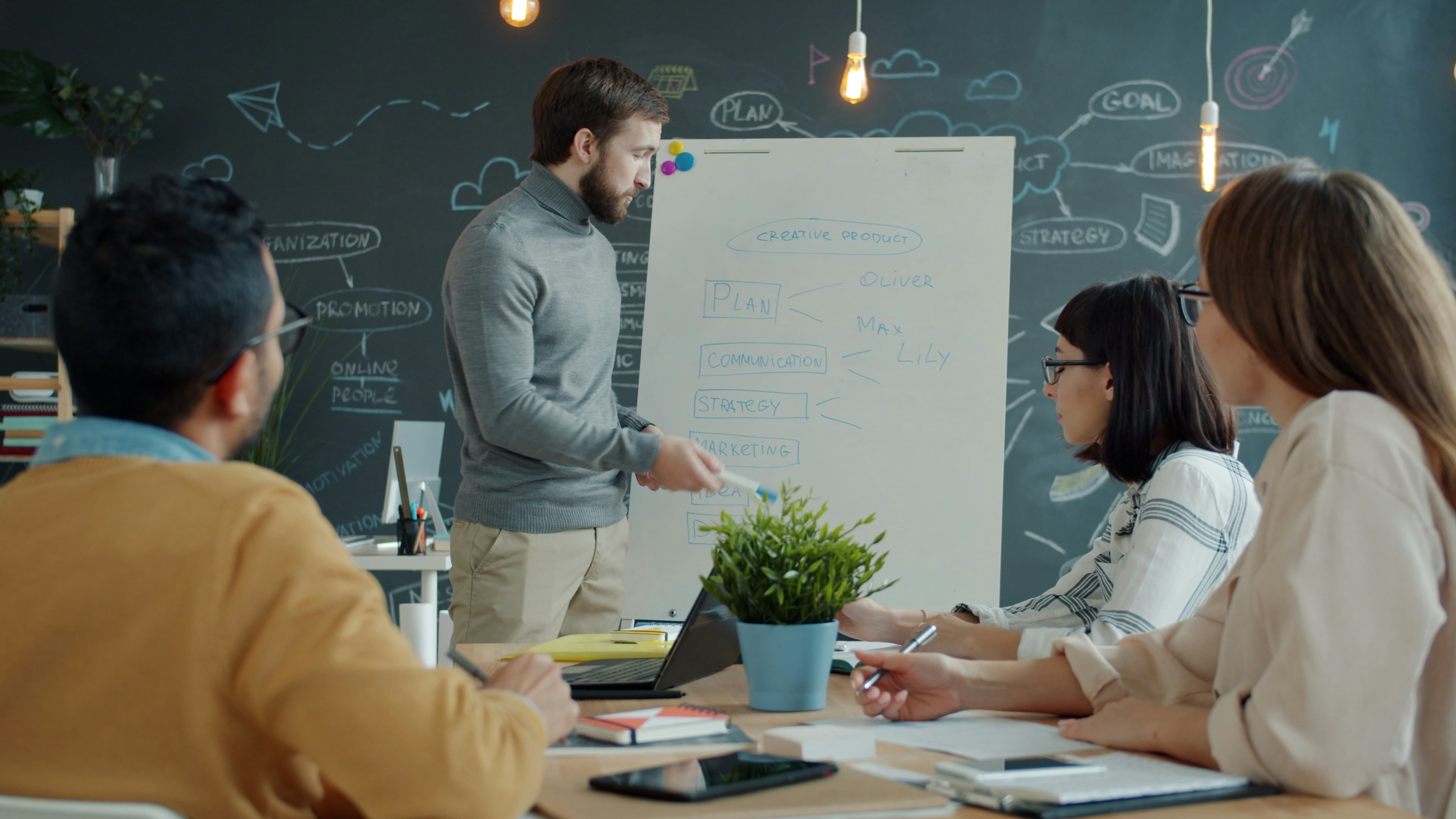 Marketing team collaborating around a strategy board